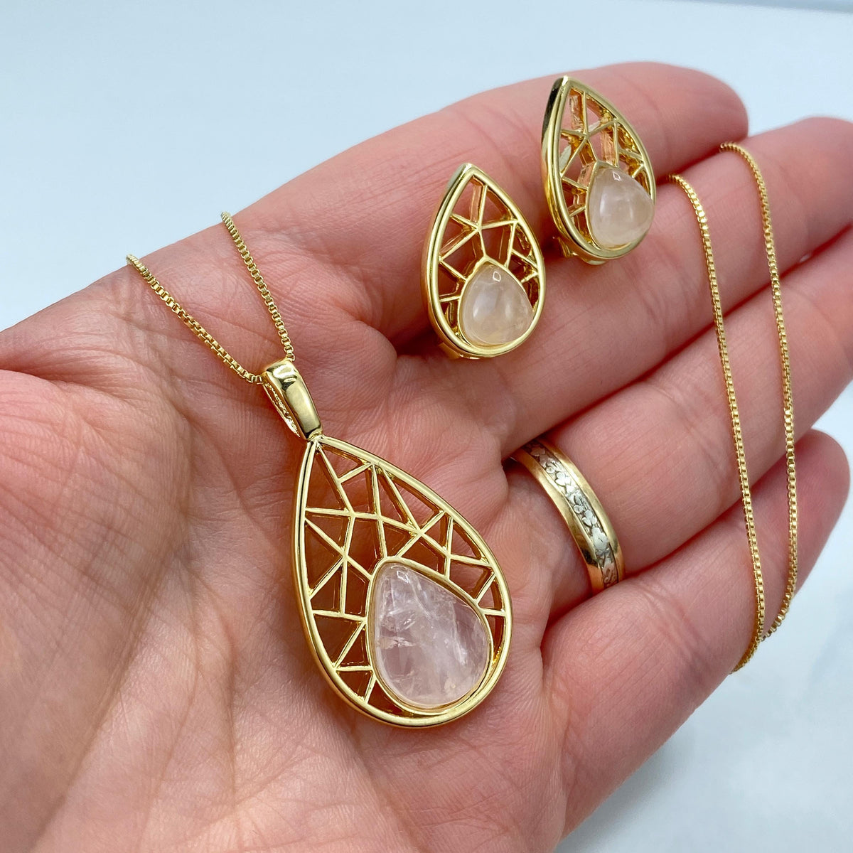 18k Gold Filled Filigree Teardrop-Shaped Earrings and Necklace Pendant Set, featuring Handcrafted Natural Rose Quartz, Wholesale Jewelry