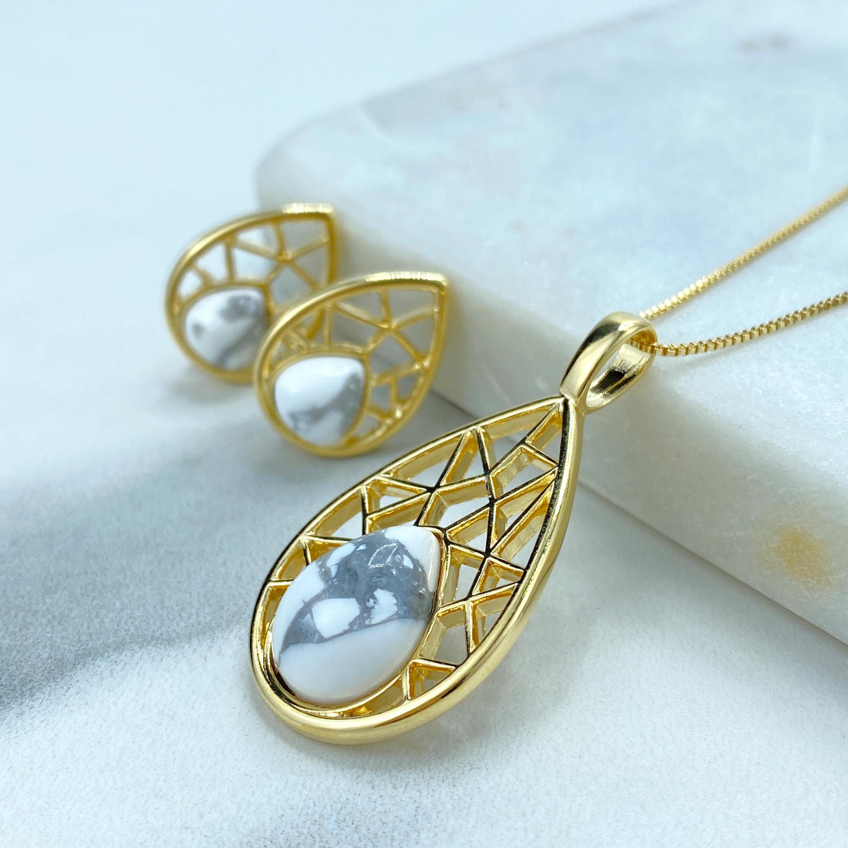 18k Gold Filled Filigree Teardrop-Shaped Earrings and Necklace Pendant Set, featuring Handcrafted Natural White Howlite, Wholesale Jewelry