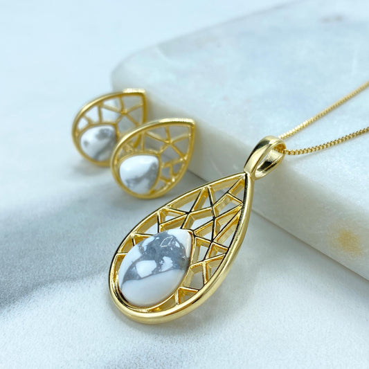 18k Gold Filled Filigree Teardrop-Shaped Earrings and Necklace Pendant Set, featuring Handcrafted Natural White Howlite, Wholesale Jewelry