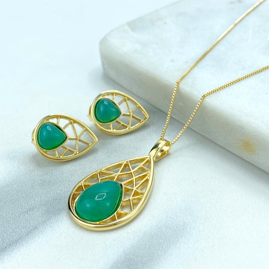18k Gold Filled Filigree Teardrop-Shaped Earrings and Necklace Pendant Set, featuring Handcrafted Natural Green Quartz, Wholesale Jewelry