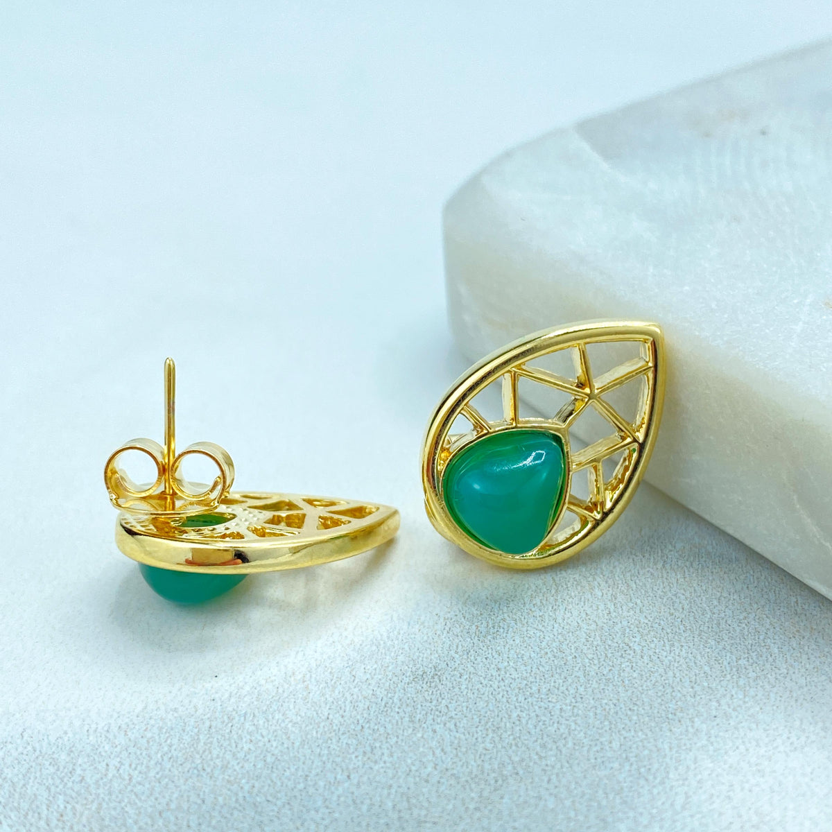 18k Gold Filled Filigree Teardrop-Shaped Earrings and Necklace Pendant Set, featuring Handcrafted Natural Green Quartz, Wholesale Jewelry