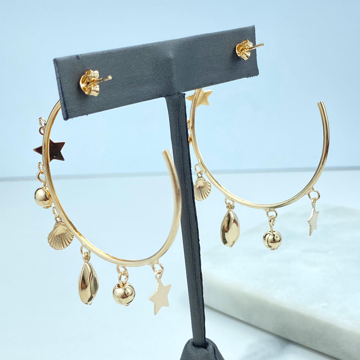 18k Gold Filled Ocean Dangle Charms Hoop Earrings, C-Hoop with Star, Shell, Gold Beads Charms, Open Hoop Earrings, Wholesale Jewelry