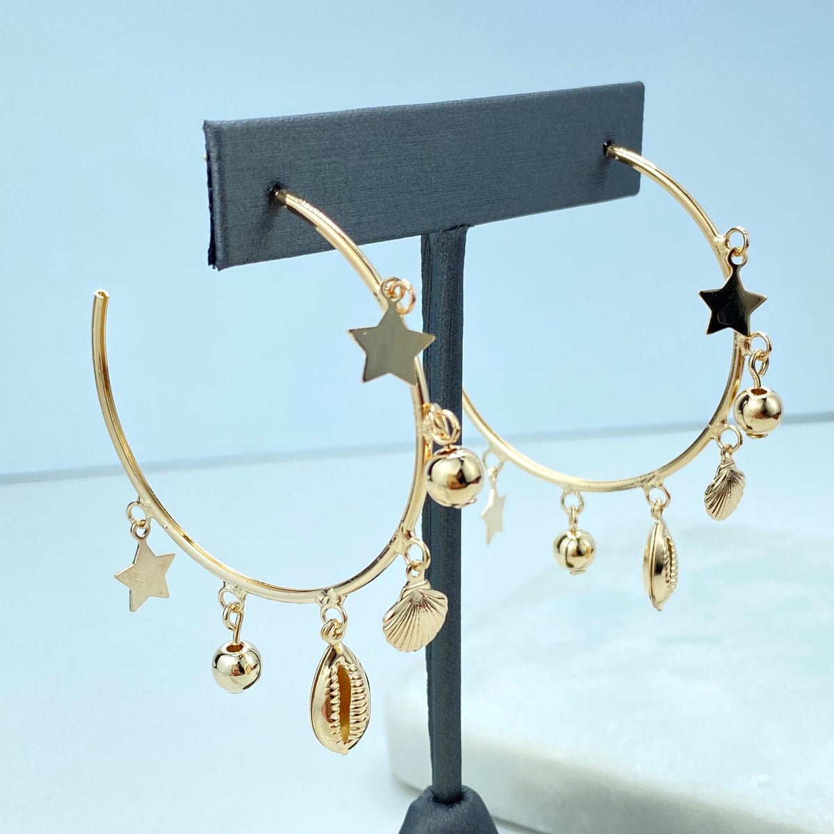 18k Gold Filled Ocean Dangle Charms Hoop Earrings, C-Hoop with Star, Shell, Gold Beads Charms, Open Hoop Earrings, Wholesale Jewelry