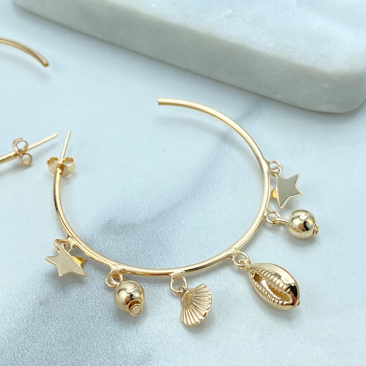 18k Gold Filled Ocean Dangle Charms Hoop Earrings, C-Hoop with Star, Shell, Gold Beads Charms, Open Hoop Earrings, Wholesale Jewelry