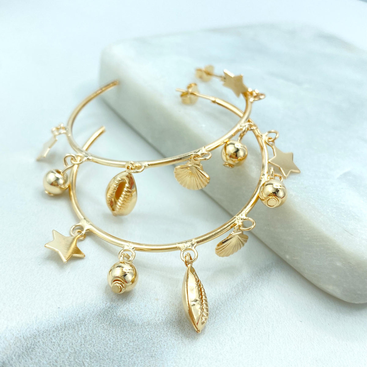 18k Gold Filled Ocean Dangle Charms Hoop Earrings, C-Hoop with Star, Shell, Gold Beads Charms, Open Hoop Earrings, Wholesale Jewelry