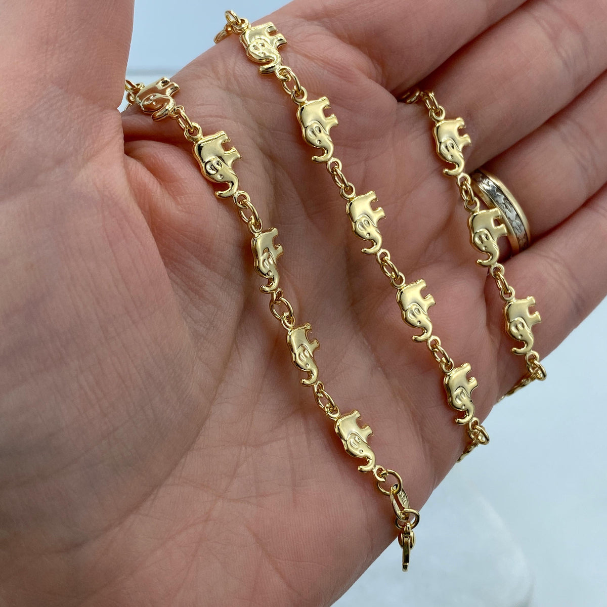 18k Gold Filled 3D Puffed Elephants Linked Chain or Bracelet, Hollow & Lightweight Link Chain, Sold as a Set or Separately,Wholesale Jewelry