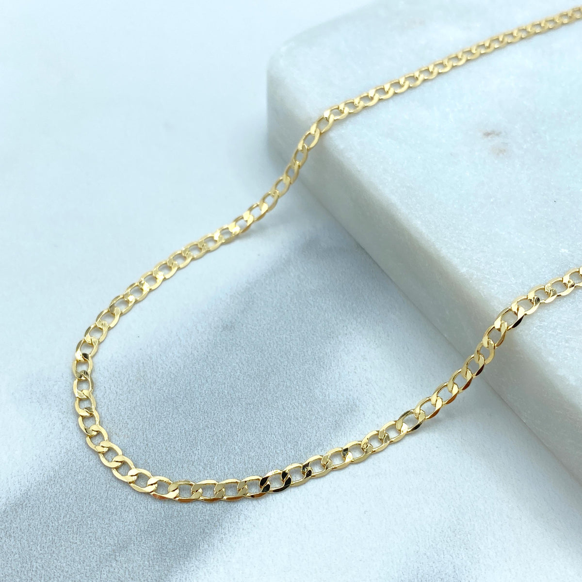 18k Gold Filled 3mm Flat Curb Link Chain, Polished 3mm Cuban Link Chain, 23.5 Inches Long, Lobster Claw, Wholesale Jewelry Making Supplies