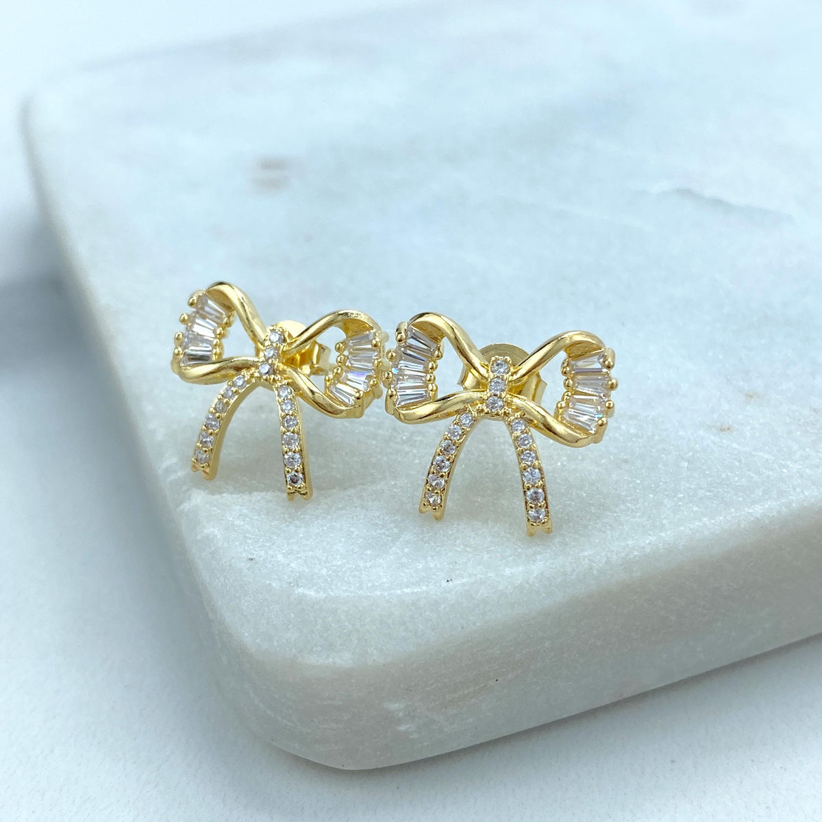 18k Gold Filled 16mm Petite Ribbon Bow Stud Earrings featuring Micro Pave, Cubic Zirconia, Cutout Bow Stud Earrings, Wholesale Jewelry