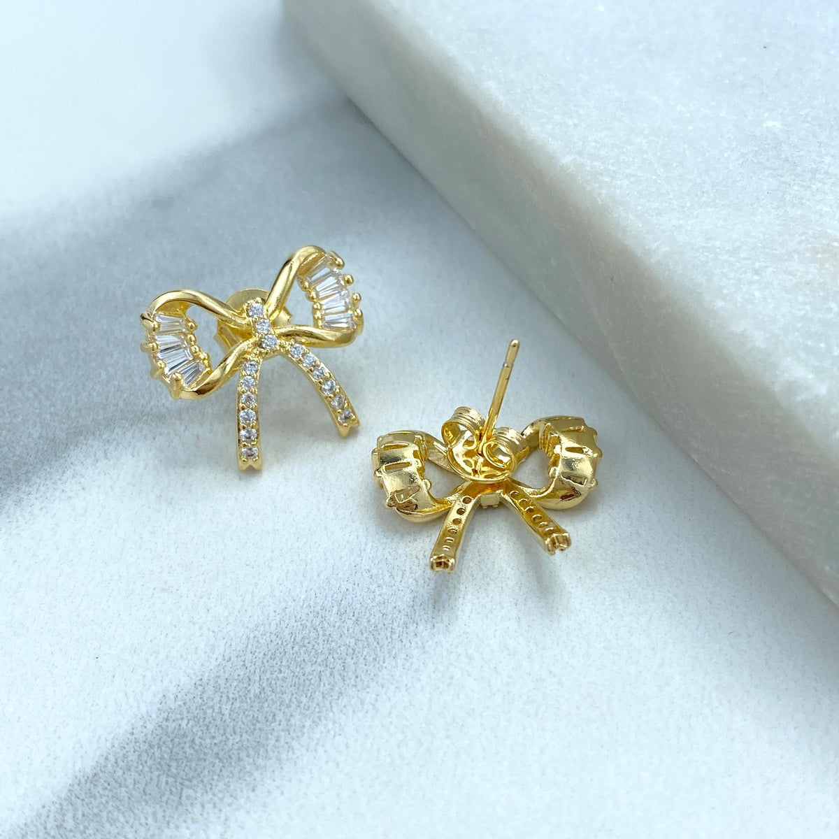 18k Gold Filled 16mm Petite Ribbon Bow Stud Earrings featuring Micro Pave, Cubic Zirconia, Cutout Bow Stud Earrings, Wholesale Jewelry