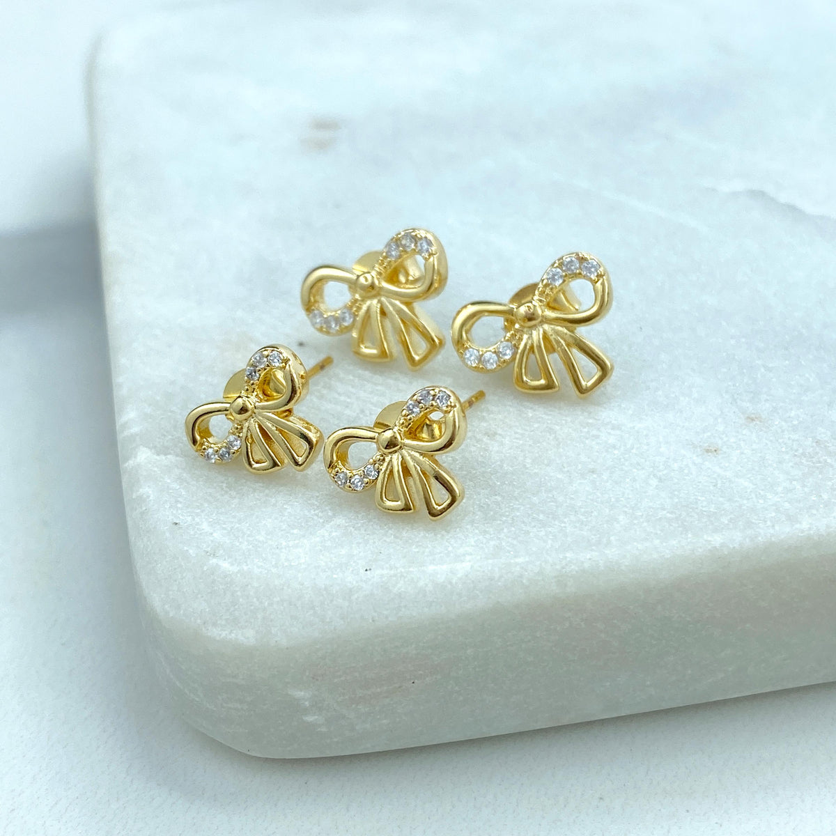 18k Gold Filled 12mm or 10mm Petite Ribbon Bow Stud Earrings featuring Micro Pave, Cutout Bow with Cubic Zirconia Stud, Wholesale Jewelry