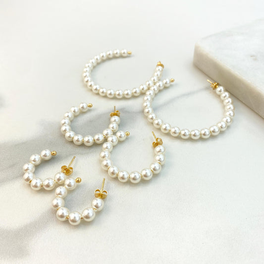 18k Gold Filled Open Pearl Beaded Hoop, Simulated Pearl C-Hoop, 23mm, 34mm or 55mm Beaded Hoop Earrings, Wholesale Jewelry