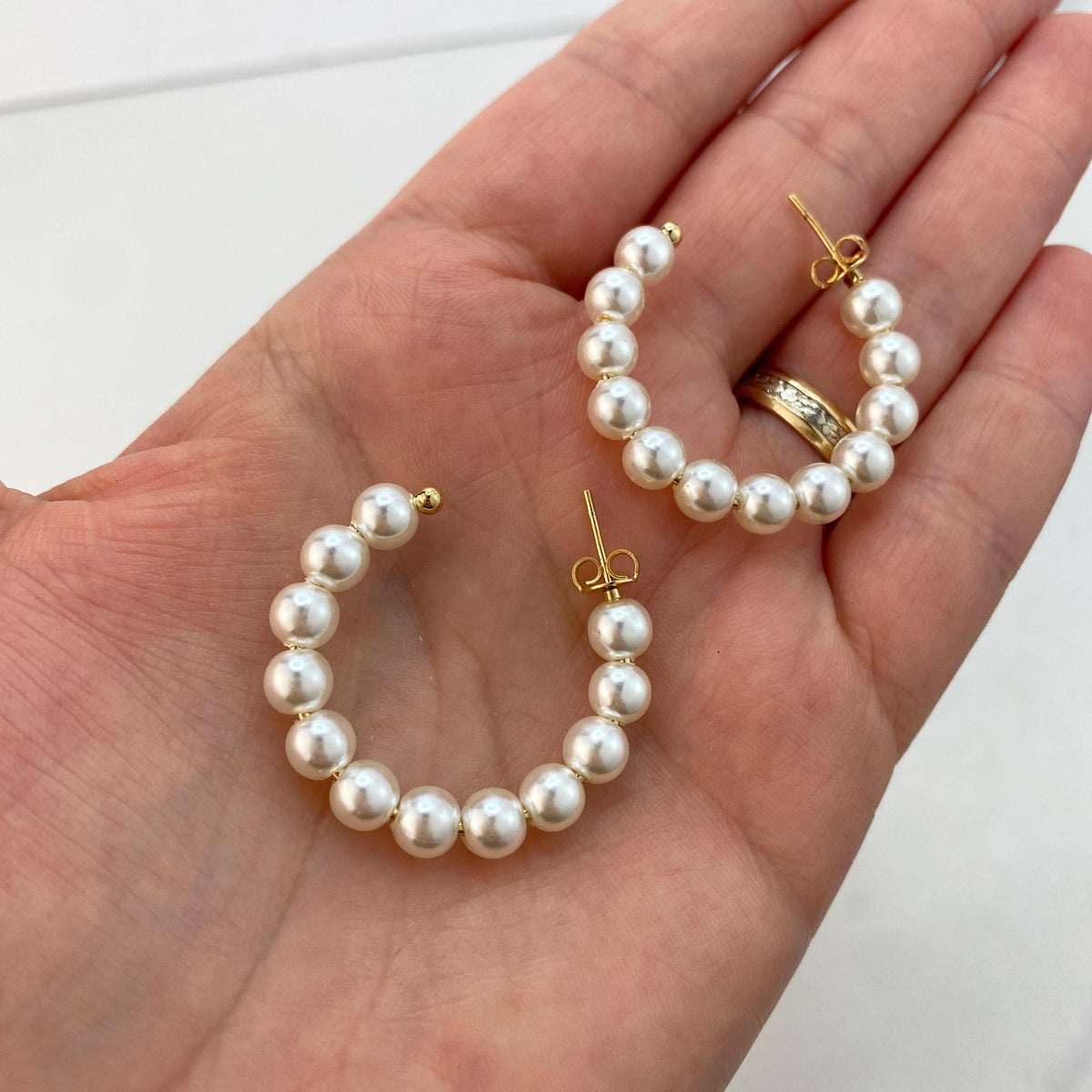 18k Gold Filled Open Pearl Beaded Hoop, Simulated Pearl C-Hoop, 23mm, 34mm or 55mm Beaded Hoop Earrings, Wholesale Jewelry