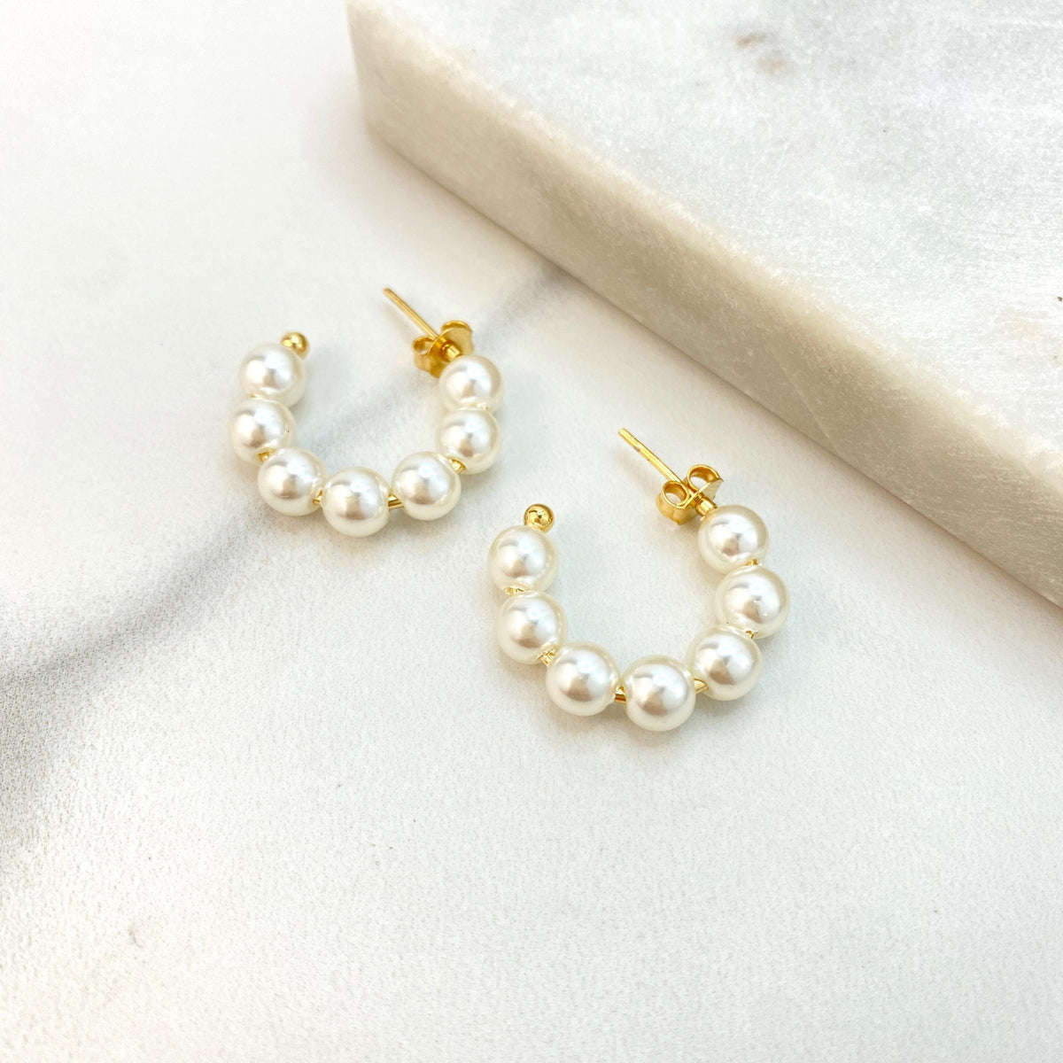 18k Gold Filled Open Pearl Beaded Hoop, Simulated Pearl C-Hoop, 23mm, 34mm or 55mm Beaded Hoop Earrings, Wholesale Jewelry