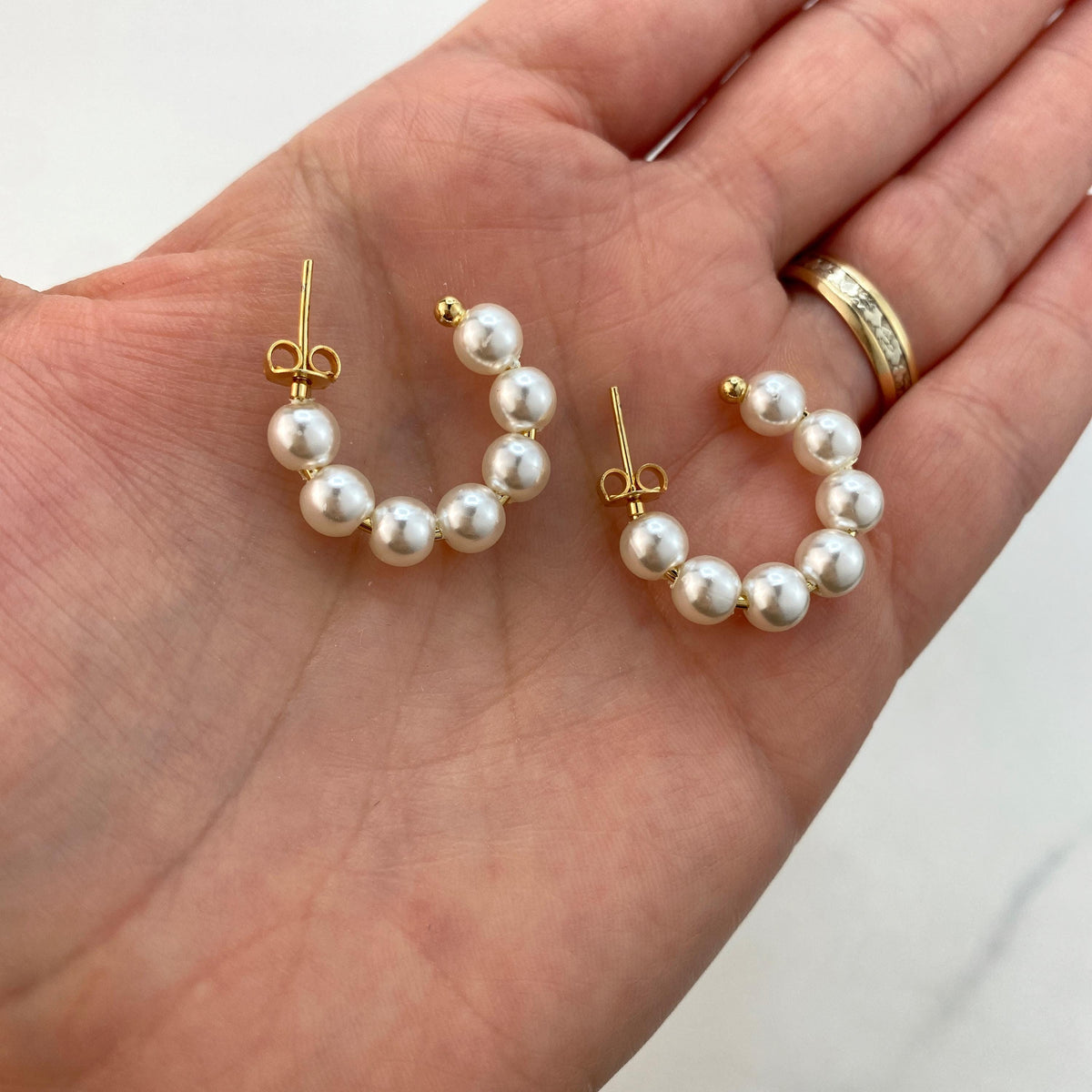 18k Gold Filled Open Pearl Beaded Hoop, Simulated Pearl C-Hoop, 23mm, 34mm or 55mm Beaded Hoop Earrings, Wholesale Jewelry