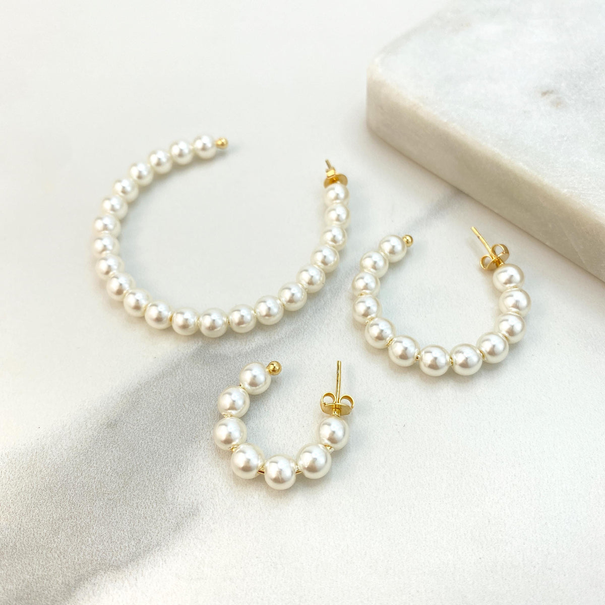 18k Gold Filled Open Pearl Beaded Hoop, Simulated Pearl C-Hoop, 23mm, 34mm or 55mm Beaded Hoop Earrings, Wholesale Jewelry