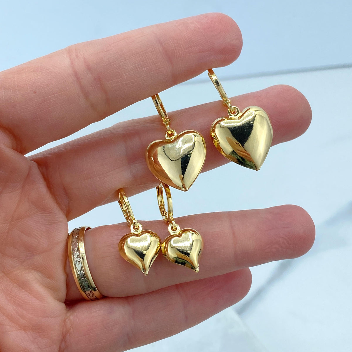 18k Gold Filled 3D Puffed Dangle Heart Charm Huggie Earrings, Small or Medium Size, Hollow and Lightweight Earrings, Wholesale Jewelry