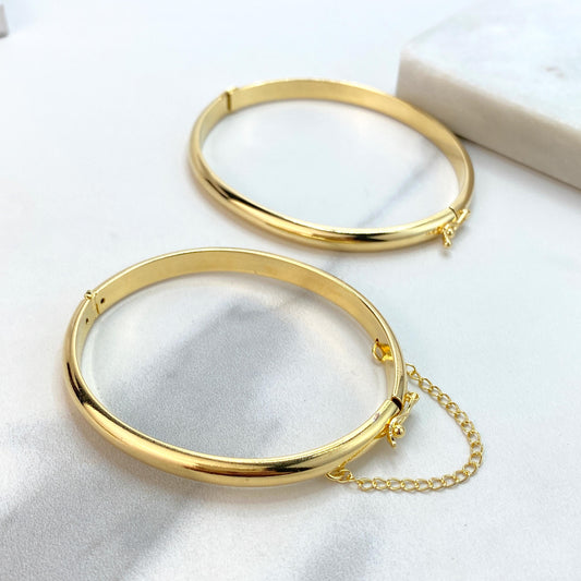 18k Gold Filled Bangle Bracelets with Safety Clasp and Chain, or Safety Clasp without Chain, Available in Different Sizes, Wholesale Jewelry