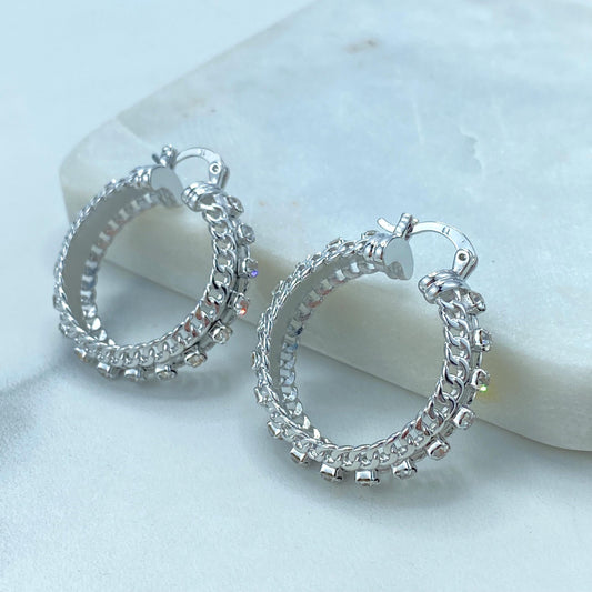 Silver Filled Hoop Earrings featuring Cubic Zirconia and Curb Link Chain Design, 35mm Hoop Earrings, Wholesale Jewelry