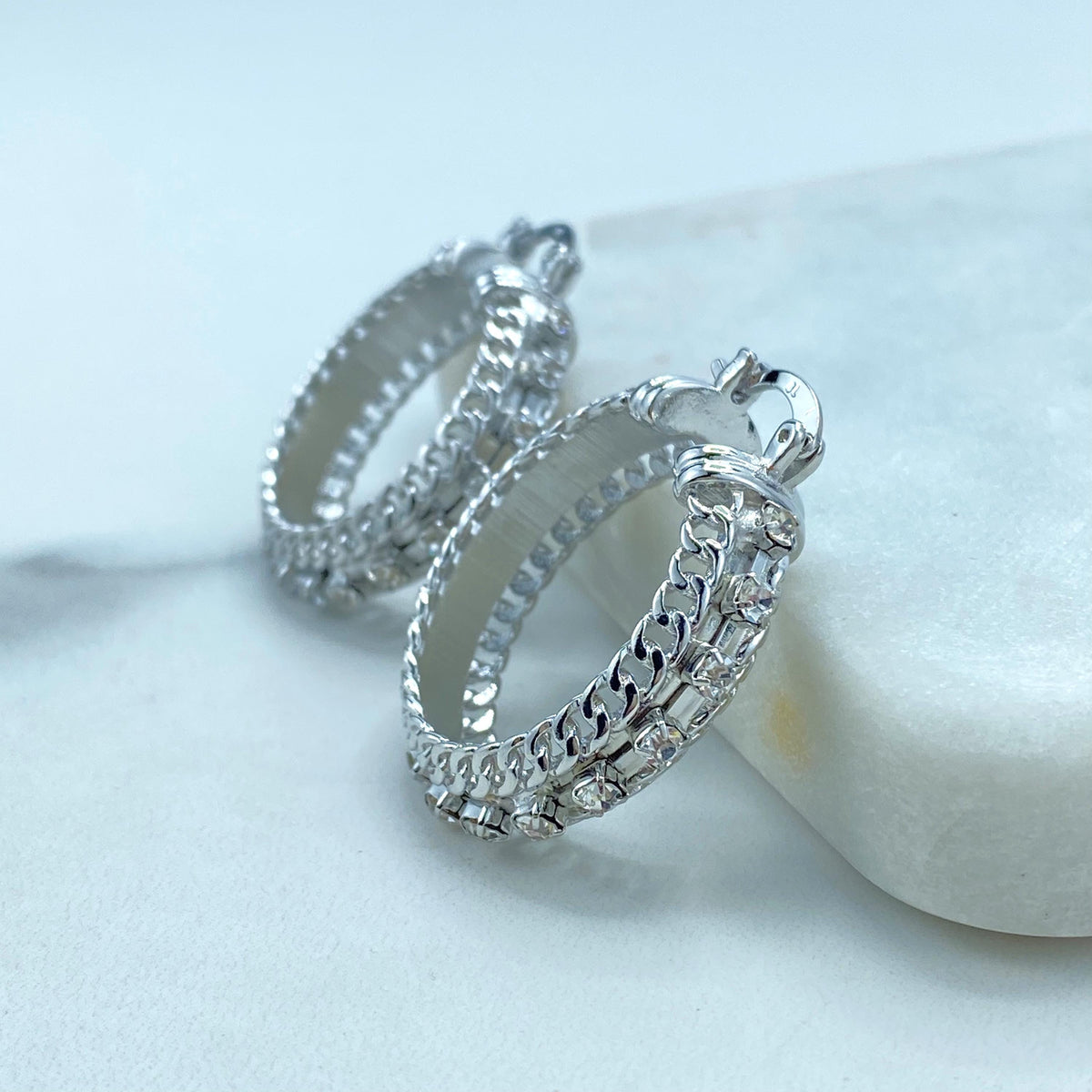 Silver Filled Hoop Earrings featuring Cubic Zirconia and Curb Link Chain Design, 35mm Hoop Earrings, Wholesale Jewelry