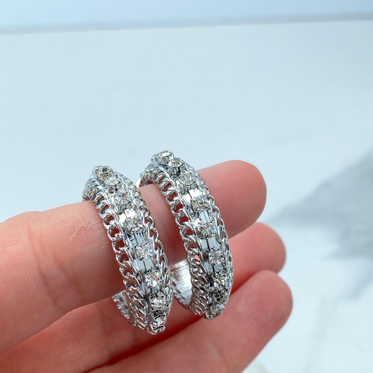 Silver Filled Hoop Earrings featuring Cubic Zirconia and Curb Link Chain Design, 35mm Hoop Earrings, Wholesale Jewelry