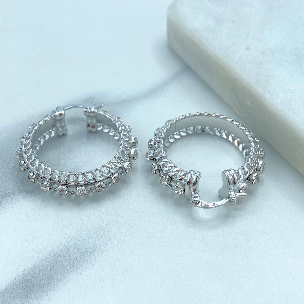 Silver Filled Hoop Earrings featuring Cubic Zirconia and Curb Link Chain Design, 35mm Hoop Earrings, Wholesale Jewelry