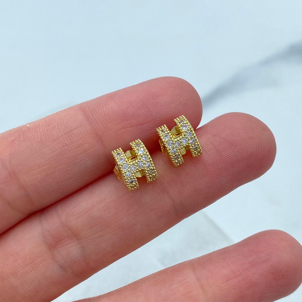 18k Gold Filled H-Shaped Stud Earrings with Cubic Zirconia, Minimalist H-Shaped Cubic Zirconia Earrings in Gold, Jewelry at Wholesale Price