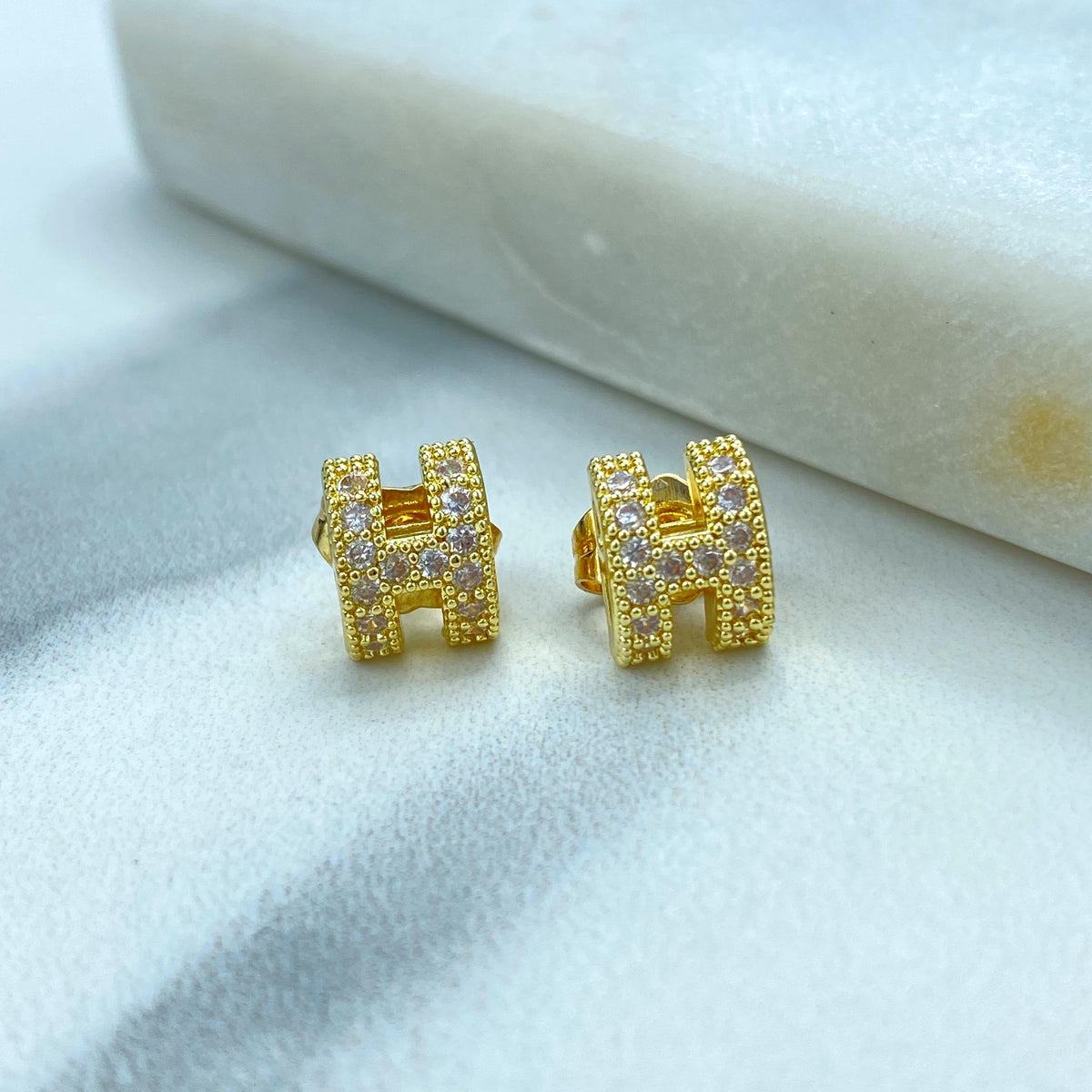 18k Gold Filled H-Shaped Stud Earrings with Cubic Zirconia, Minimalist H-Shaped Cubic Zirconia Earrings in Gold, Jewelry at Wholesale Price