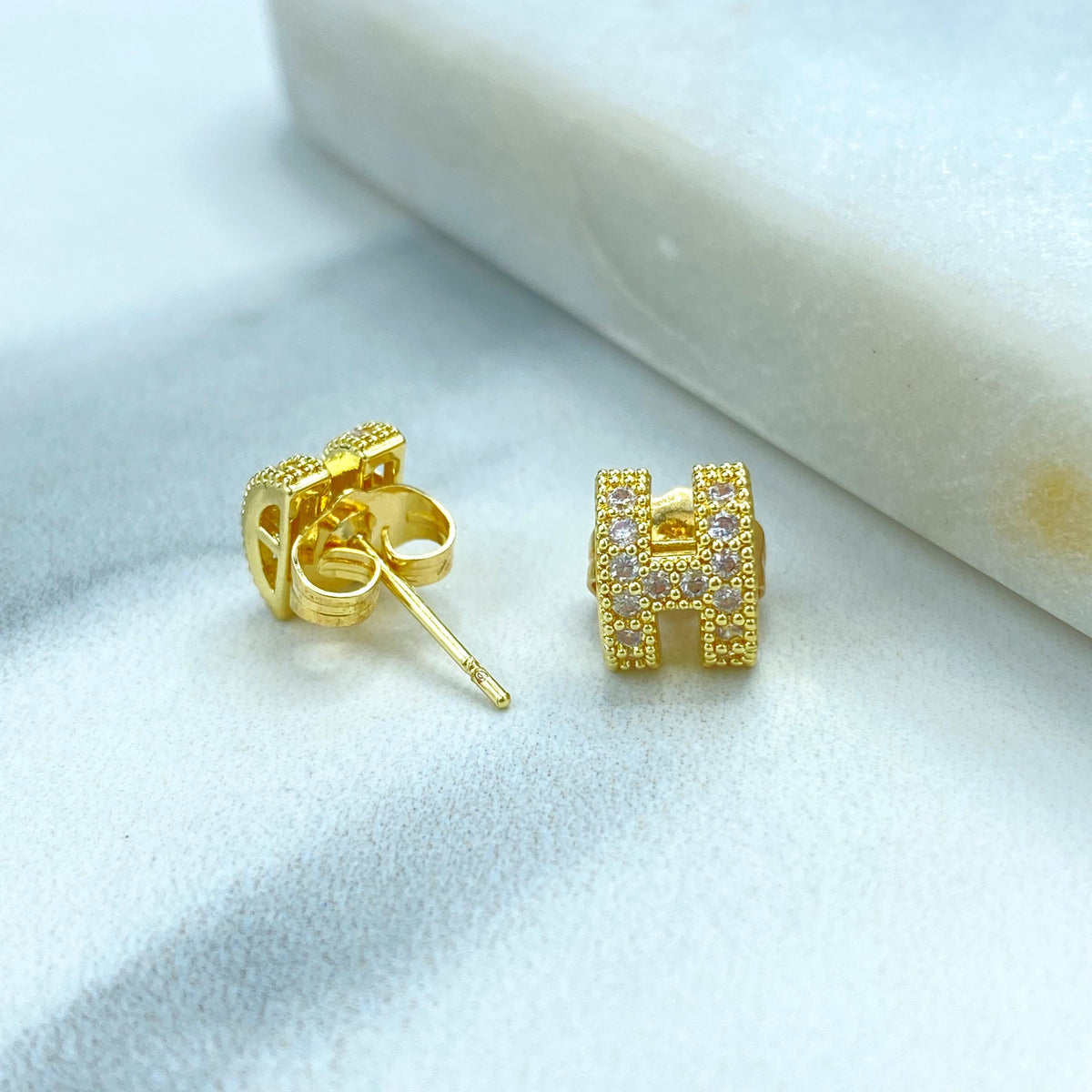 18k Gold Filled H-Shaped Stud Earrings with Cubic Zirconia, Minimalist H-Shaped Cubic Zirconia Earrings in Gold, Jewelry at Wholesale Price