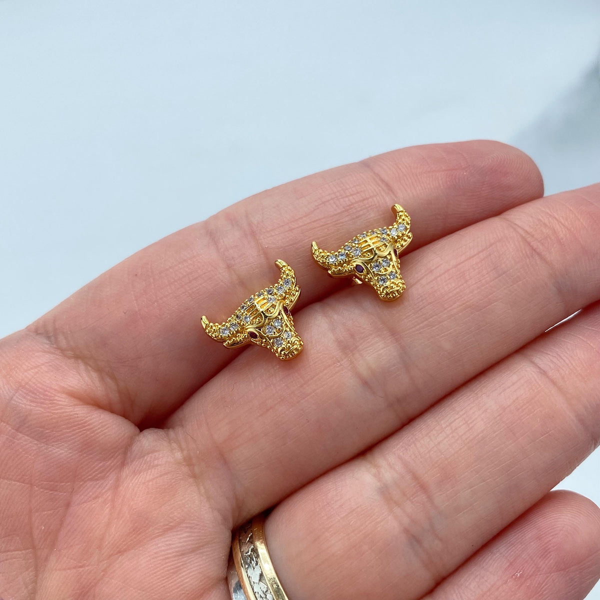18k Gold Filled Small Head Bull Stud Earrings with Cubic Zirconia, Taurus Zodiac Sign Small Earrings with Cubic Zirconia, Wholesale Jewelry