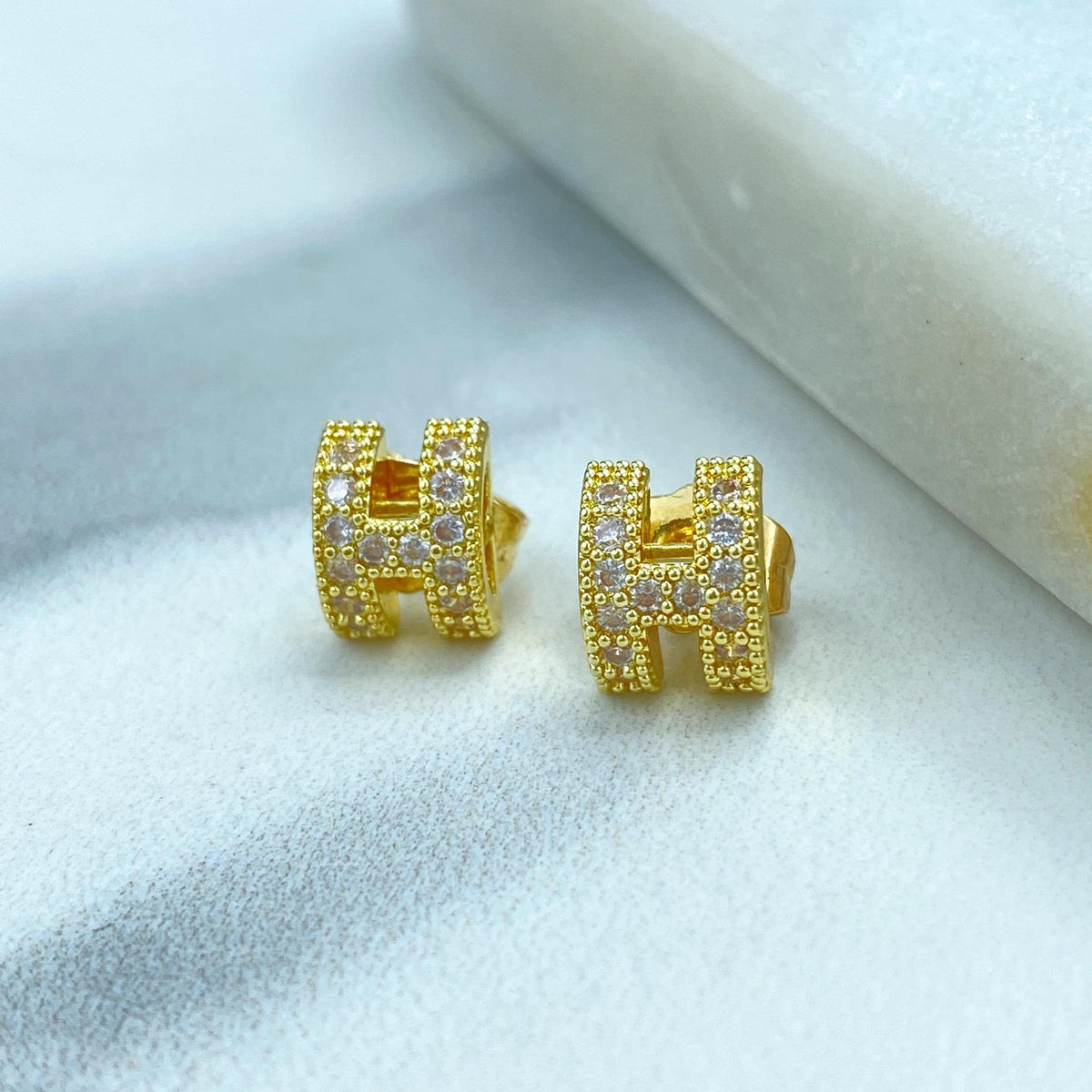 18k Gold Filled H-Shaped Stud Earrings with Cubic Zirconia, Minimalist H-Shaped Cubic Zirconia Earrings in Gold, Jewelry at Wholesale Price