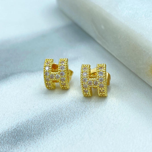 18k Gold Filled H-Shaped Stud Earrings with Cubic Zirconia, Minimalist H-Shaped Cubic Zirconia Earrings in Gold, Jewelry at Wholesale Price