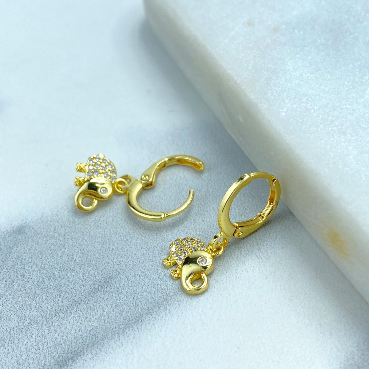 18k Gold Filled Huggie Earrings with Elephants Chams, Elephant Cubic Zirconia Huggie Earrings, Elephant Charm Gold Earrings with Zirconia