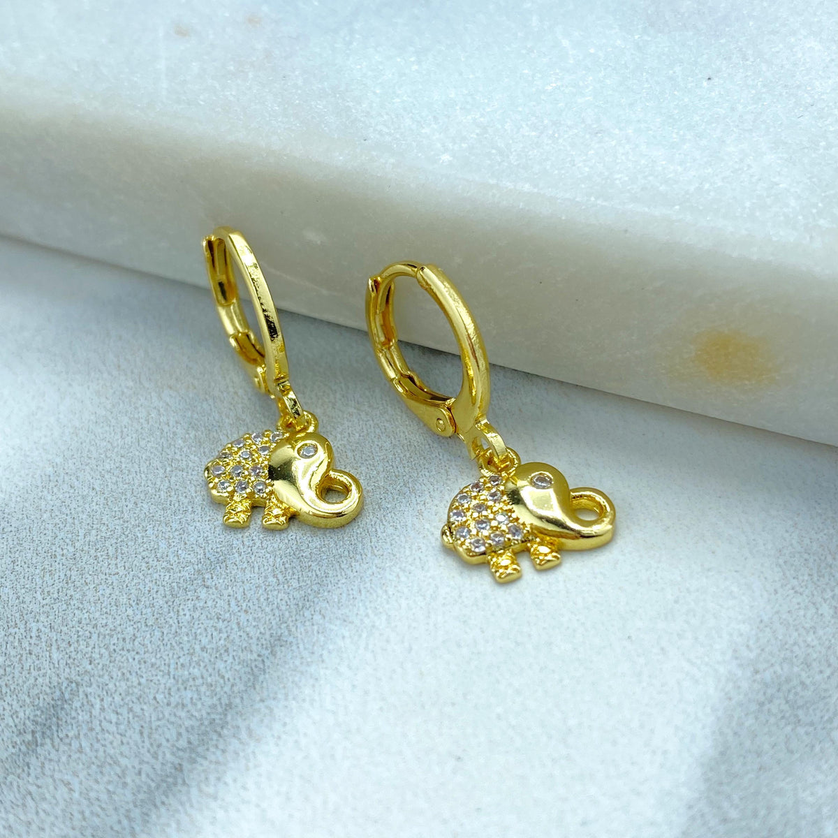 18k Gold Filled Huggie Earrings with Elephants Chams, Elephant Cubic Zirconia Huggie Earrings, Elephant Charm Gold Earrings with Zirconia