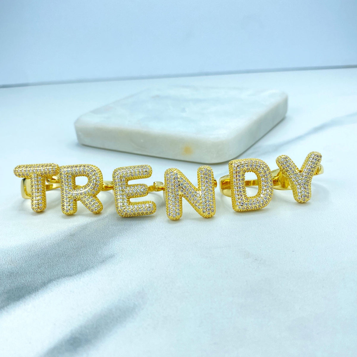 18k Gold Filled Chunky Ballon Letter Ring, Initial Ring for Women, Cubic Zirconia Initial Rings, Adjustable Gold Puffy Initial Ring