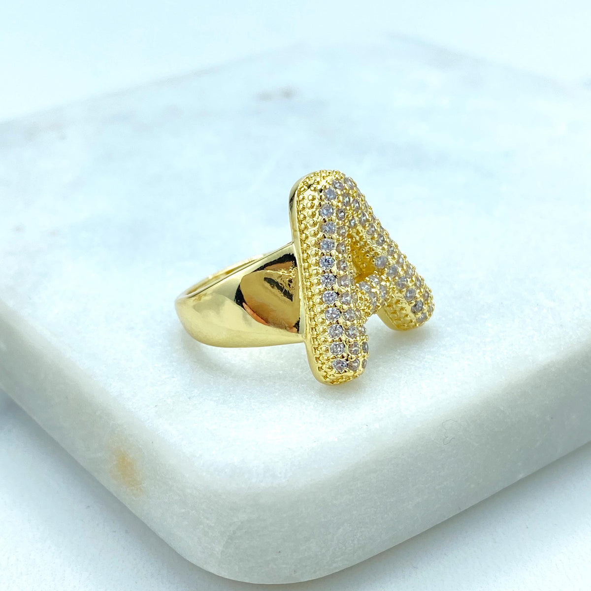 18k Gold Filled Chunky Ballon Letter Ring, Initial Ring for Women, Cubic Zirconia Initial Rings, Adjustable Gold Puffy Initial Ring