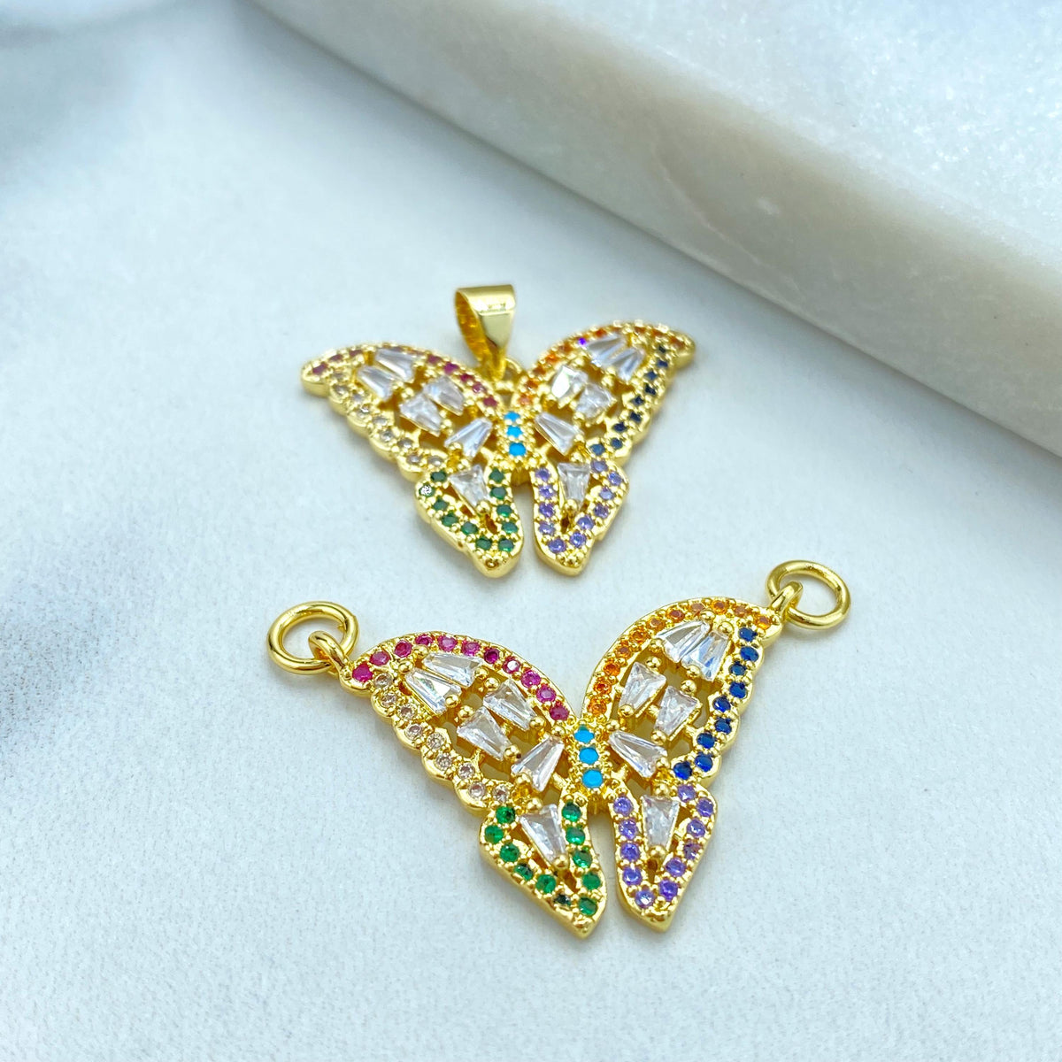 18k Gold Filled Multicolor Cubic Zirconia Butterfly Charm, DIY Butterfly Charm Pendant, with Single Bail or Double Bails, Wholesale Jewelry
