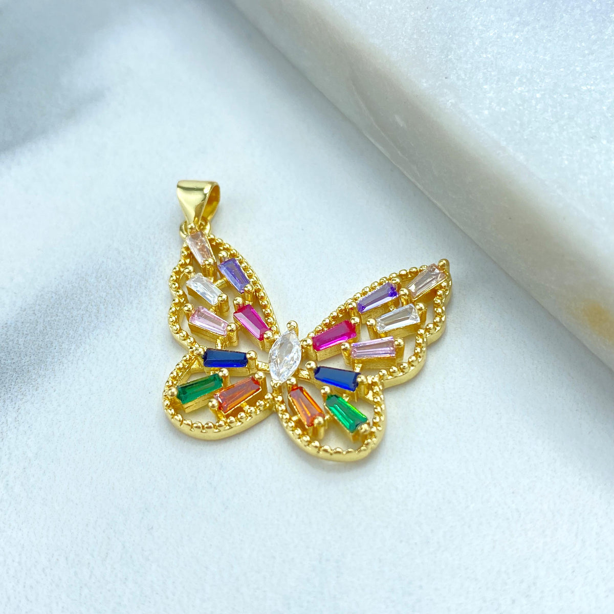 18k Gold Filled Multicolor Cubic Zirconia Butterfly Charm, DIY Butterfly Pendant with Side Bail Wing, Wholesale Jewelry