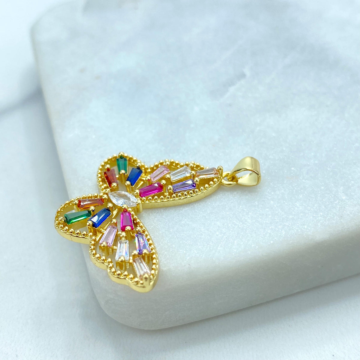 18k Gold Filled Multicolor Cubic Zirconia Butterfly Charm, DIY Butterfly Pendant with Side Bail Wing, Wholesale Jewelry