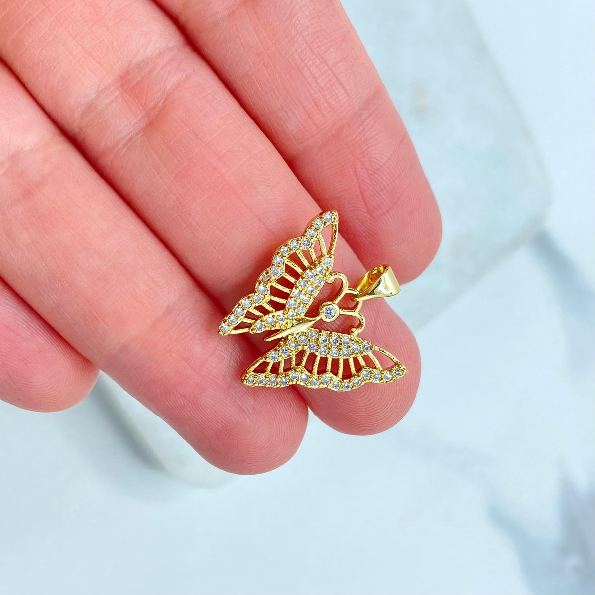 18k Gold Filled White Micro Cubic Zirconia Butterfly Charm, DIY Butterfly Pendant, DIY Cutout Butterfly with CZ Charm, Wholesale Jewelry