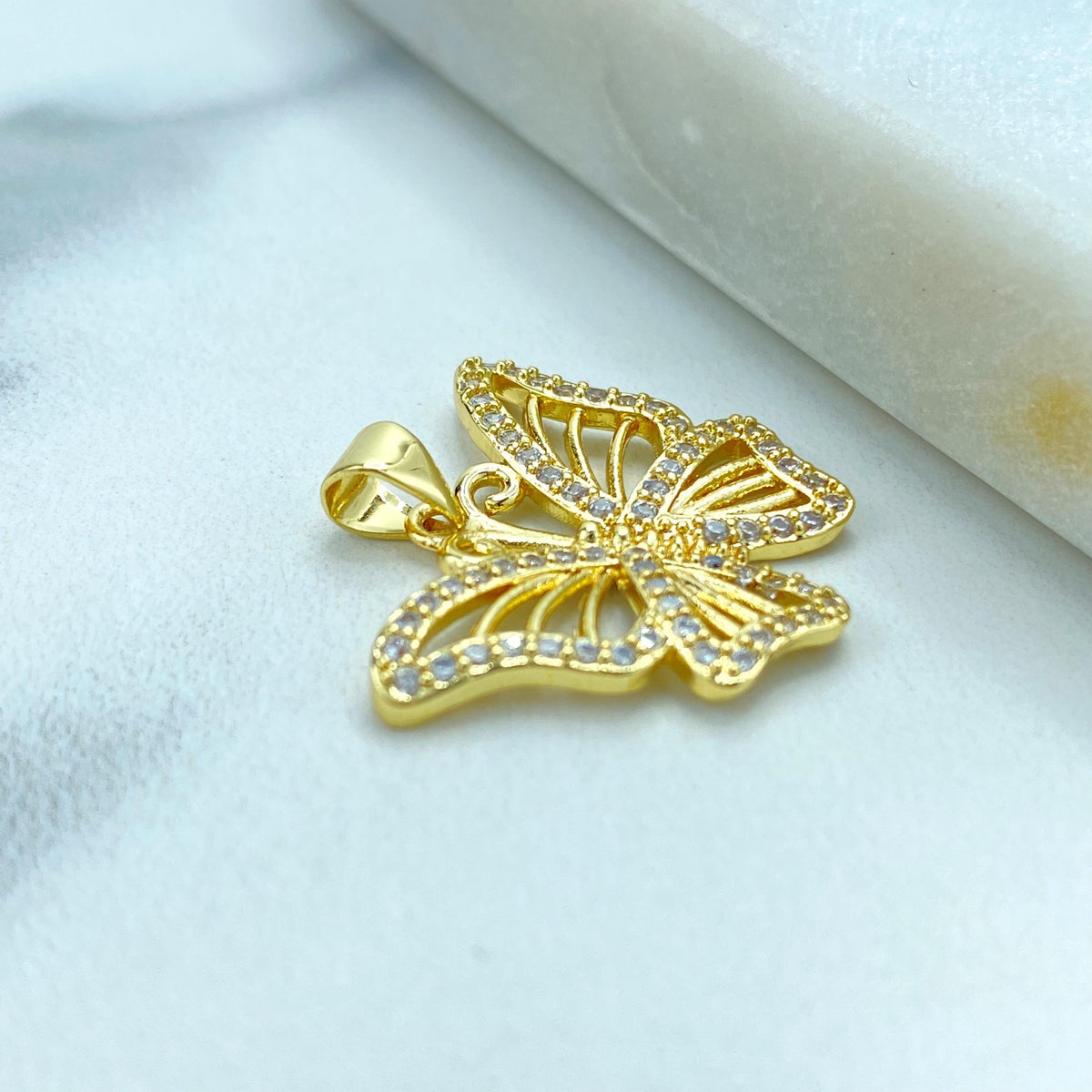 18k Gold Filled White Cubic Zirconia Butterfly Charm, DIY Butterfly Pendant, DIY Cutout Butterfly with CZ Charm, Wholesale Jewelry