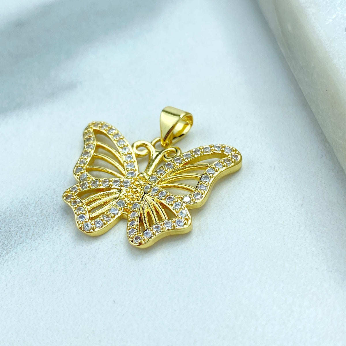 18k Gold Filled White Cubic Zirconia Butterfly Charm, DIY Butterfly Pendant, DIY Cutout Butterfly with CZ Charm, Wholesale Jewelry