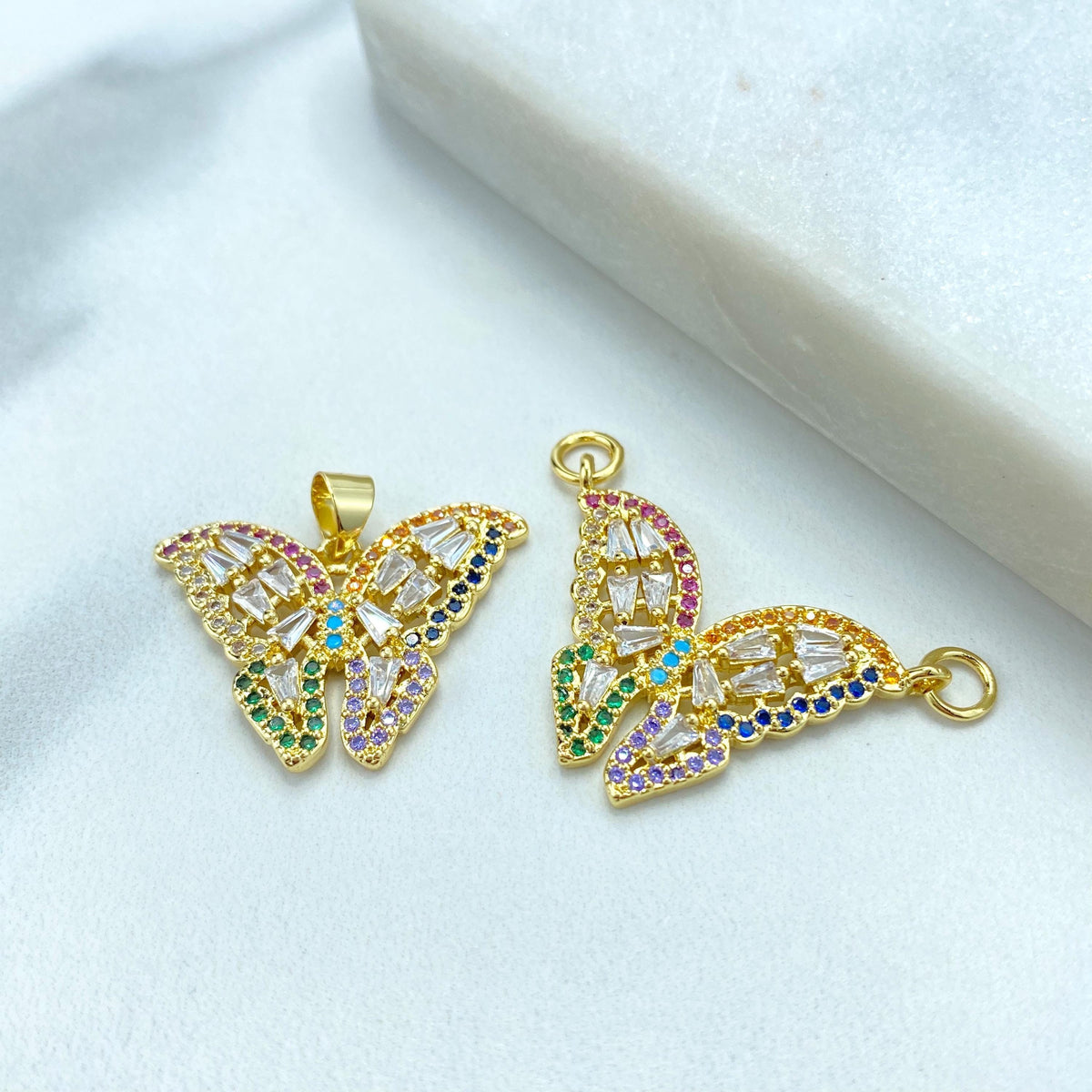 18k Gold Filled Multicolor Cubic Zirconia Butterfly Charm, DIY Butterfly Charm Pendant, with Single Bail or Double Bails, Wholesale Jewelry