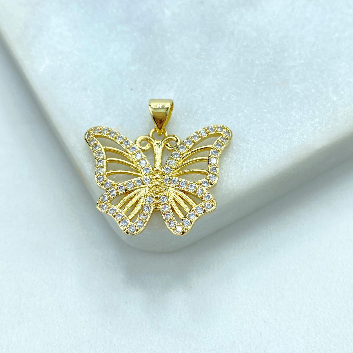 18k Gold Filled White Cubic Zirconia Butterfly Charm, DIY Butterfly Pendant, DIY Cutout Butterfly with CZ Charm, Wholesale Jewelry