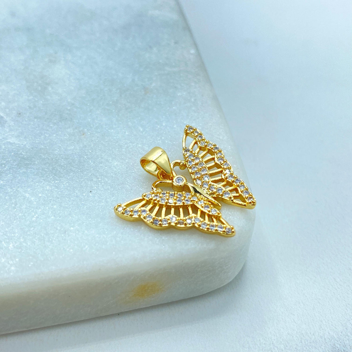 18k Gold Filled White Micro Cubic Zirconia Butterfly Charm, DIY Butterfly Pendant, DIY Cutout Butterfly with CZ Charm, Wholesale Jewelry
