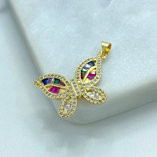 18k Gold Filled Multicolor Cubic Zirconia Butterfly Charm, DIY Butterfly Pendant with Side Bail Wing, Wholesale Jewelry