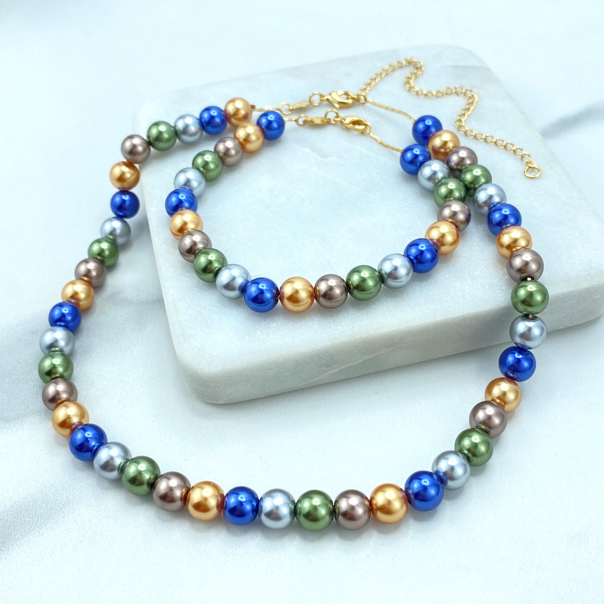 18k Gold Filled Multicolor Simulated Pearl Necklace or Bracelet, Timeless Jewelry, Buy as a set or individually, Wholesale Jewelry