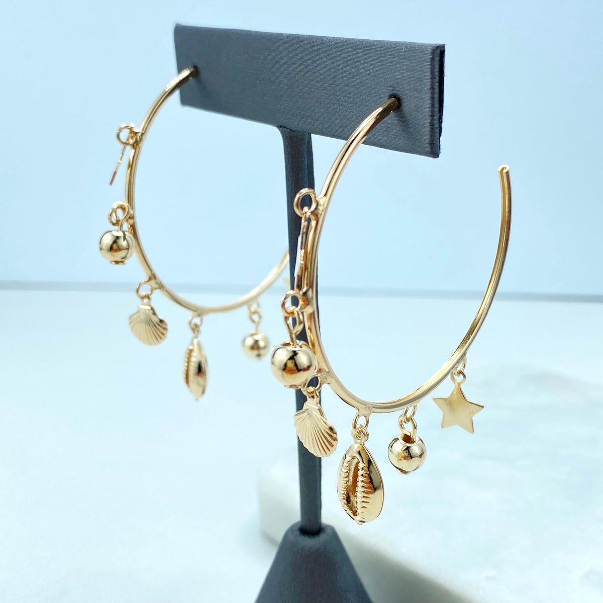 18k Gold Filled Ocean Dangle Charms Hoop Earrings, C-Hoop with Star, Shell, Gold Beads Charms, Open Hoop Earrings, Wholesale Jewelry