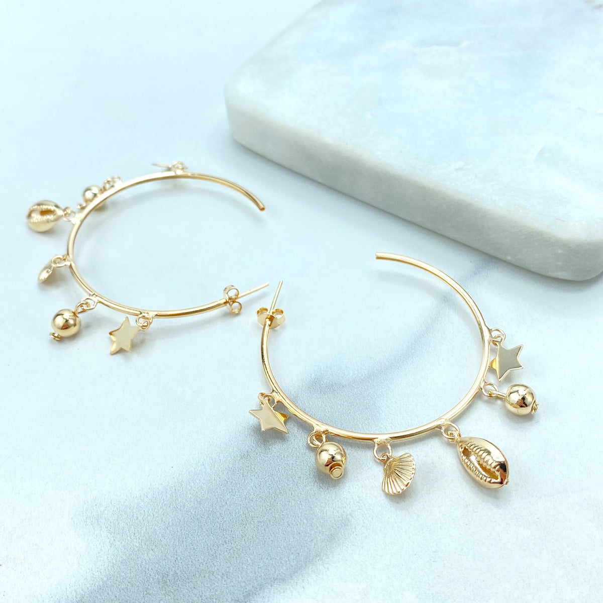 18k Gold Filled Ocean Dangle Charms Hoop Earrings, C-Hoop with Star, Shell, Gold Beads Charms, Open Hoop Earrings, Wholesale Jewelry