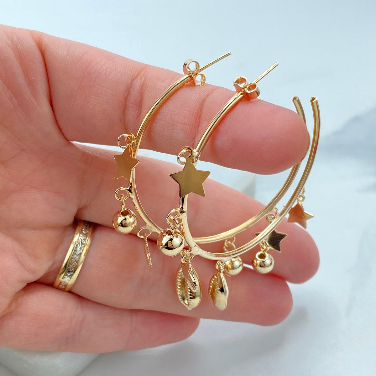 18k Gold Filled Ocean Dangle Charms Hoop Earrings, C-Hoop with Star, Shell, Gold Beads Charms, Open Hoop Earrings, Wholesale Jewelry