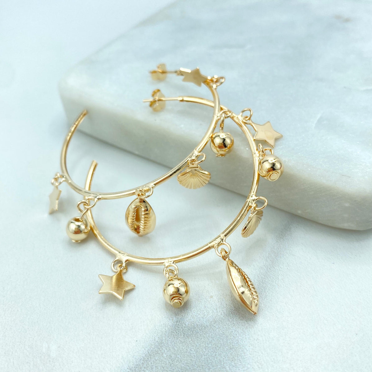 18k Gold Filled Ocean Dangle Charms Hoop Earrings, C-Hoop with Star, Shell, Gold Beads Charms, Open Hoop Earrings, Wholesale Jewelry